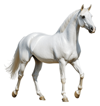 Majestic white horse walking gracefully outdoors, cut out - stock . png