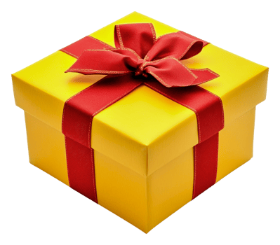 Bright yellow gift box with red ribbon on display, cut out - stock . png