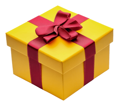 Bright yellow gift box with red ribbon on display, cut out - stock . png