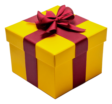 Bright yellow gift box with red ribbon on display, cut out - stock . png