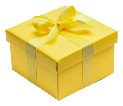 Yellow gift box with ribbon on plain bg, cut out - stock . png