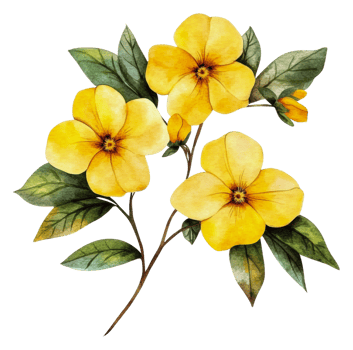 Yellow flowers with green leaves displayed, cut out - stock . png