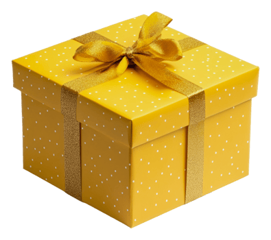 Bright yellow gift box tied with a golden ribbon, cut out - stock . png