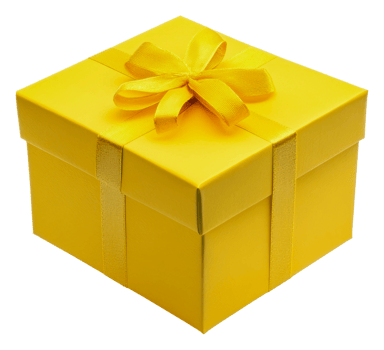 Yellow gift box with ribbon for celebrations, cut out - stock . png