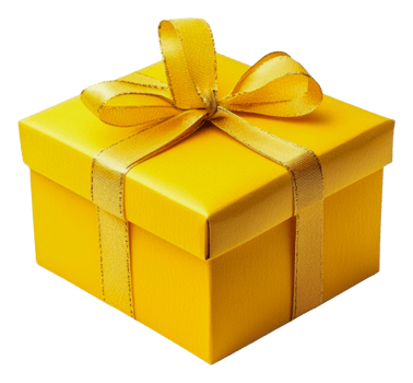 Bright yellow gift box with a ribbon ready to open, cut out - stock . png