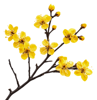 Yellow flowers on a bare spring branch, cut out - stock . png