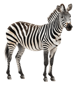 Striped zebra standing in a natural pose indoors, cut out - stock . png