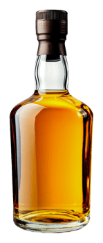 Clear glass bottle of amber liquor with cork lid, cut out - stock . png
