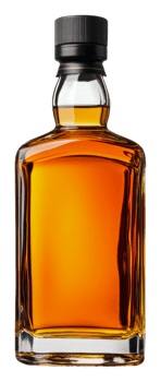 Amber whiskey bottle on white background, cut out - stock . png