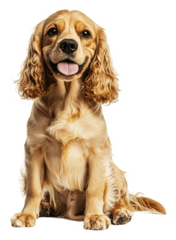 Happy golden cocker spaniel sits smiling indoors, cut out - stock . png