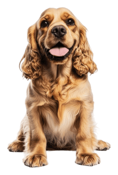 Happy cocker spaniel sitting on a white backdrop, cut out - stock . png