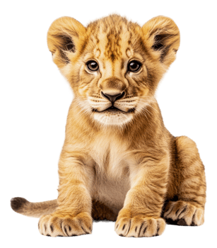 Cute lion cub sitting on a white background, cut out - stock . png
