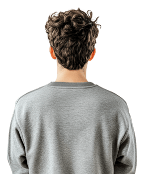 Curly-haired youth in a gray sweater, cut out - stock . png