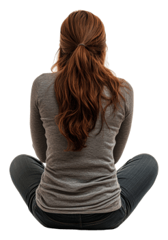 Young woman with long hair sitting indoors, cut out - stock . png