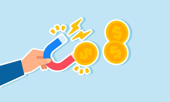 A businessman hand holding a magnet trying to pull dollar coins, an illustration of business strategies to attract investors or gain profit through promotions and tactics vector