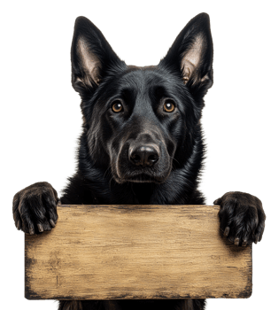 Black dog holding a wooden sign for attention, cut out - stock . png