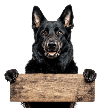 Happy black dog holding a wooden sign indoors, cut out - stock . png