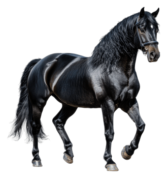 Majestic black horse trotting gracefully outdoors, cut out - stock . png