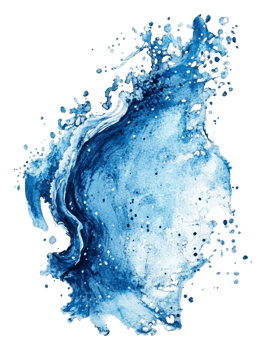 Blue abstract watercolor with splashes, cut out - stock . png