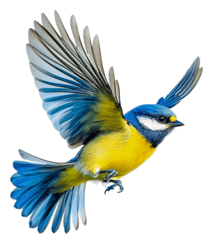 Blue and yellow bird in flight, cut out - stock . png