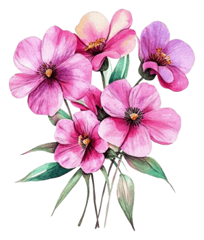 Delicate pink flowers arranged with green leaves, cut out - stock . png