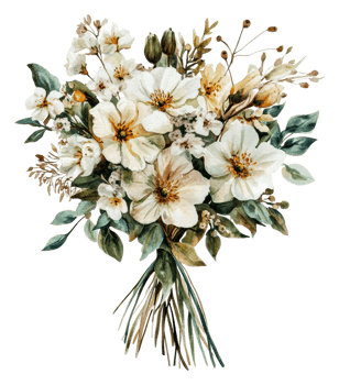 White floral bouquet with greenery, cut out - stock . png