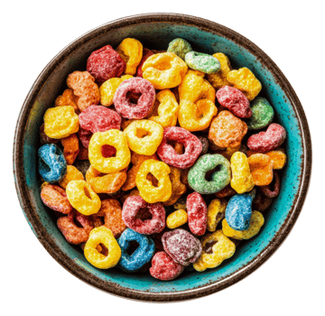 Bright cereal rings in a bowl, cut out - stock . png