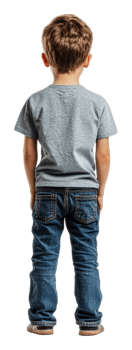 Young boy standing alone in casual attire indoors, cut out - stock . png