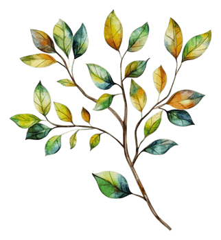 Colorful watercolor leaves on a branch in autumn, cut out - stock . png