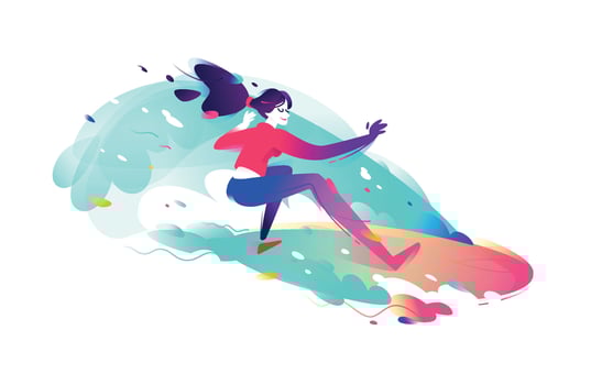Illustration of a surfer girl. Bright and harismatic girl character. Image is isolated on white background. Character girl. Flat illustration for banner and site. vector