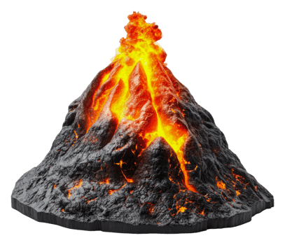 Volcano eruption simulation with bright lava flow, cut out - stock . png