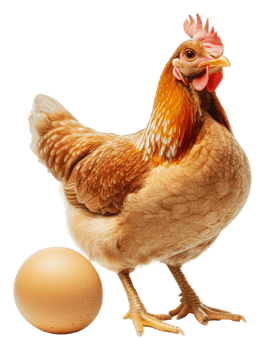 Hen standing next to freshly laid egg indoors, cut out - stock . png