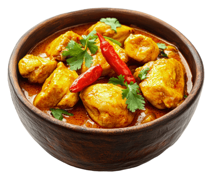 Hearty chicken curry with fresh spices in a bowl, cut out - stock . png