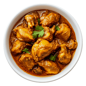 Spicy chicken curry served in a white bowl, cut out - stock . png
