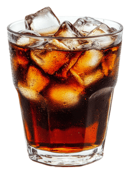 Refreshing glass of dark soda with ice cubes, cut out - stock . png