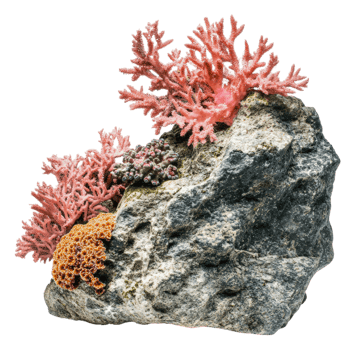 Colorful coral clusters on a rocky substrate, cut out - stock . png