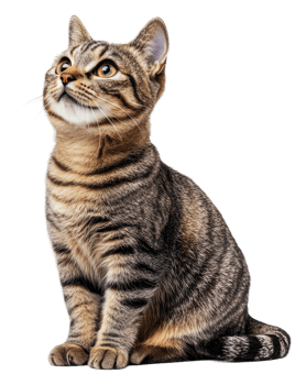 Thoughtful tabby cat gazes up, cut out - stock . png