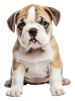 Cute brown and white bulldog puppy sitting indoors, cut out - stock . png
