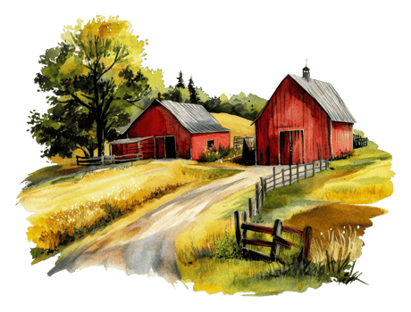 Peaceful rural landscape with red barns at sunset, cut out - stock . png