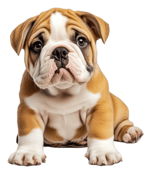 Cute English Bulldog puppy at home, cut out - stock . png