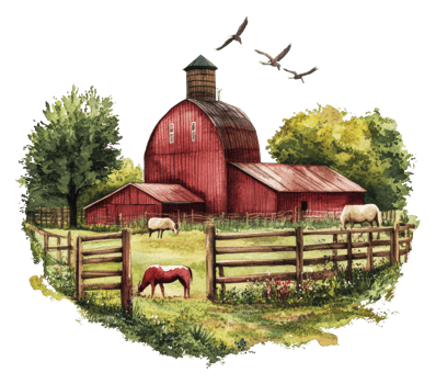 Red barn with grazing animals in sunny countryside, cut out - stock . png