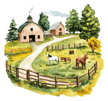 Charming farm landscape with animals and barns, cut out - stock . png