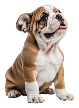 Adorable English Bulldog puppy sitting indoors, cut out - stock . png