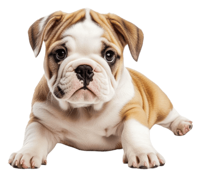 Playful Bulldog puppy on soft surface, cut out - stock . png