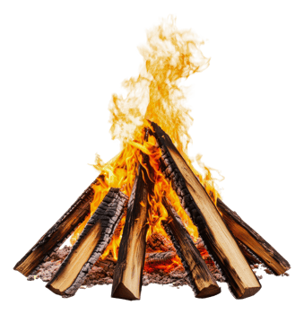 Bright flames erupt from a campfire at night, cut out - stock . png