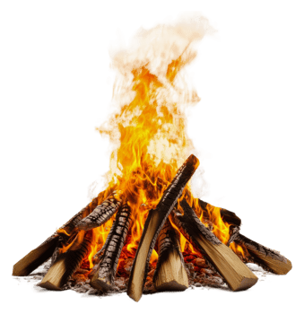 Warm campfire crackling in a dark forest at night, cut out - stock . png