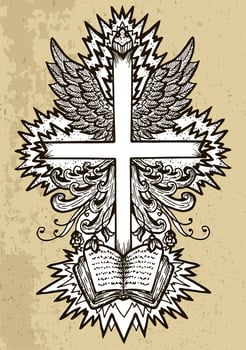 Fantasy cross with wings, flame and book on texture background vector