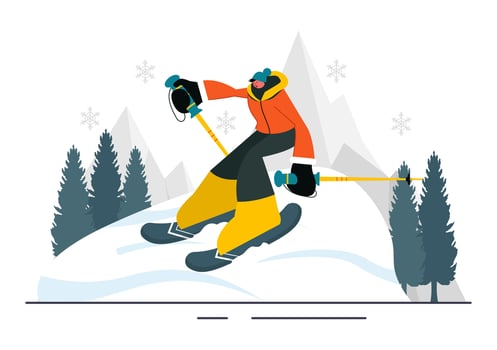 Cartoon Style Illustration of Skiers on Snowy Mountain Slopes in Winter Sports Scene vector