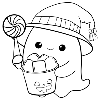 Adorable Ghost with a candy bucket Doodle png