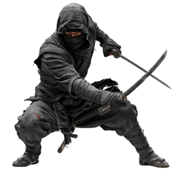 A ninja in black clothing with two swords png